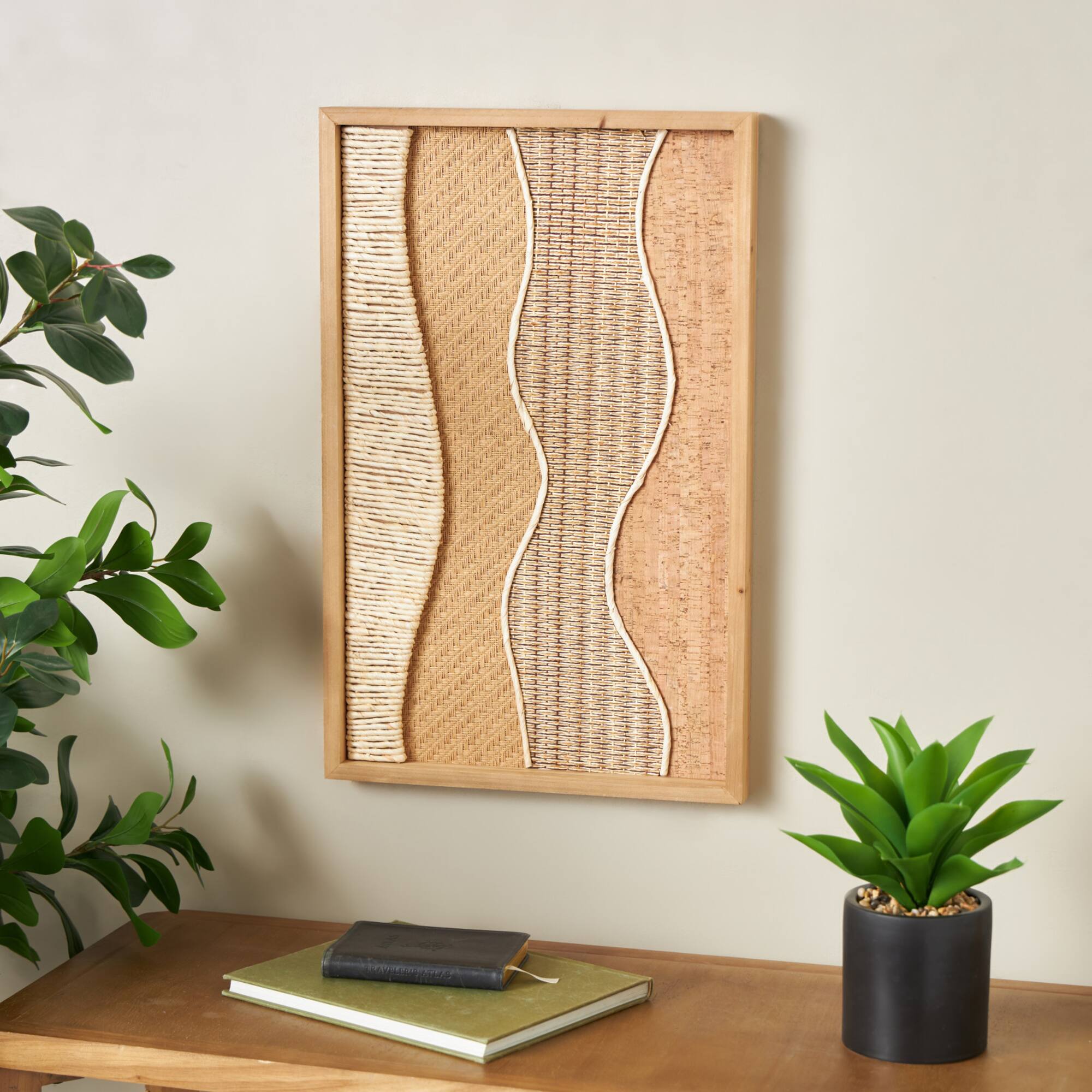 15" x 23" Handmade Brown Wood Abstract Wall Décor with Dimensional Wavy Design